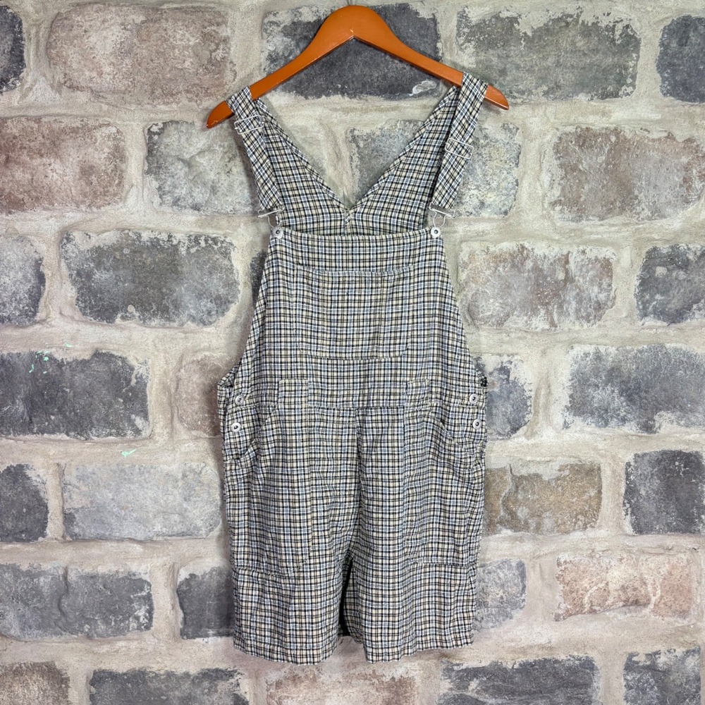 VTG Basic Editions Women Tan Black Plaid Linen Blend Shortalls Overalls Large